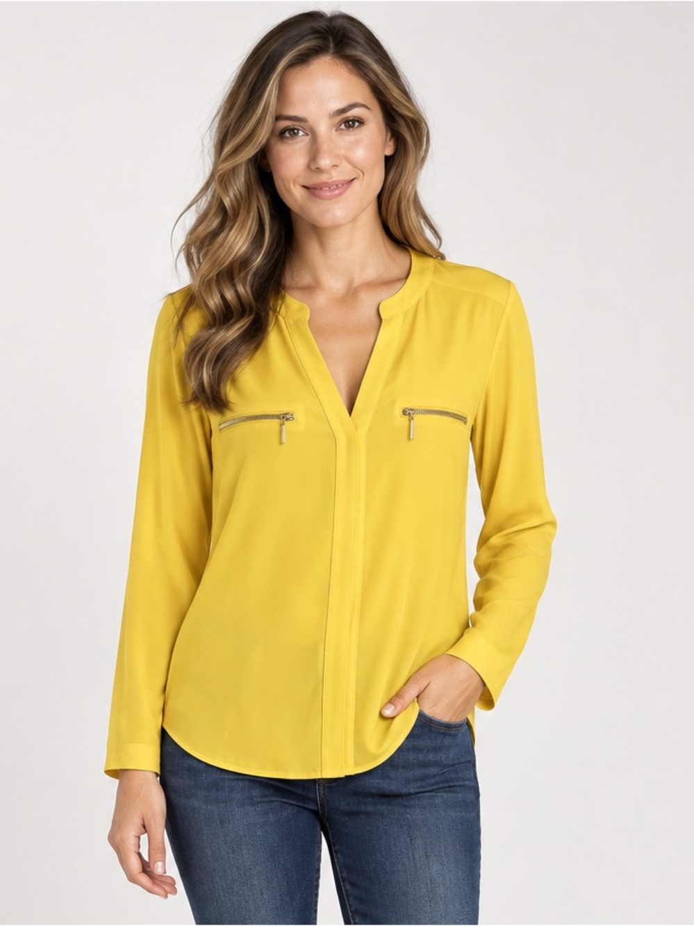 NWT INC International Concepts Bright Yellow V-Neck Zip-Pocket Blouse